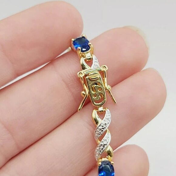 18KT Yellow Gold Sterling Silver Blue & White Cubic Zirconi Bracelet $225 8" NWB - Picture 8 of 16